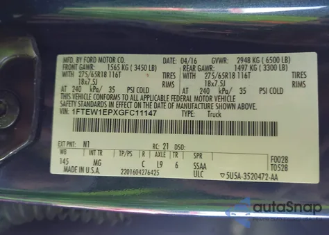 2016 Ford F-150 Xlt from USA, damaged, VIN 1FTEW1EPXGFC11147